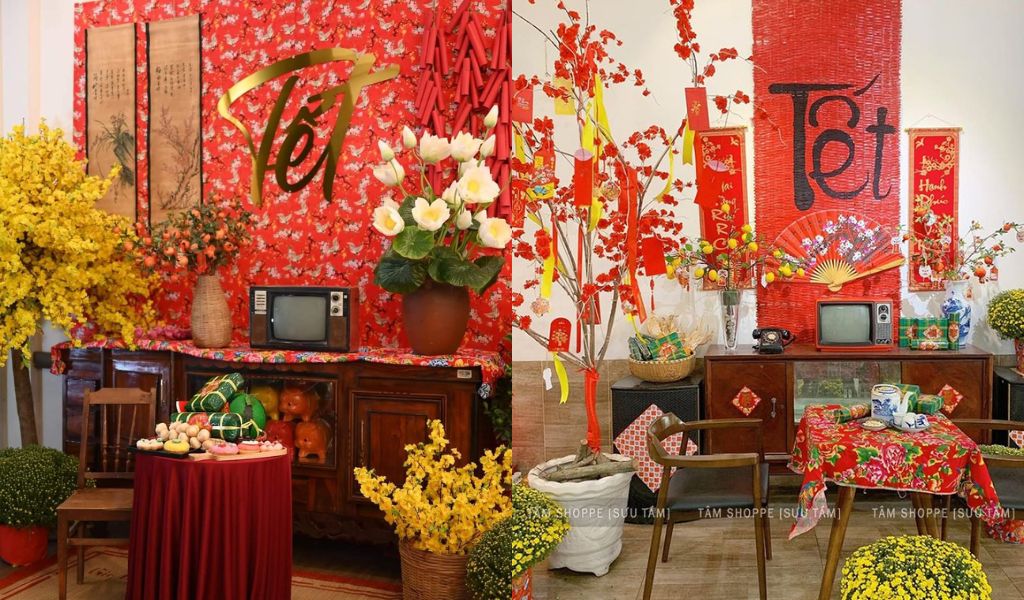 TOP 12 CÁCH TRANG TRÍ GÓC CHỤP ẢNH TẾT 2026 ĐẸP, THU HÚT TÀI LỘC 9 Trang trí góc chụp ảnh Tết hoài niệm, tái hiện lại khung cảnh Tết cổ xưa với tivi đen trắng, bàn ghế gỗ, cành hoa đào/mai và trang trí pháo đỏ.
