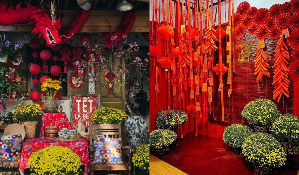 TOP 12 CÁCH TRANG TRÍ GÓC CHỤP ẢNH TẾT 2026 ĐẸP, THU HÚT TÀI LỘC 8 Trang trí góc chụp ảnh Tết hoành tráng, rực rỡ với hình tượng Rồng đỏ, lồng đèn, và sử dụng nhiều chậu hoa cúc vàng lớn, tạo không gian nổi bật.