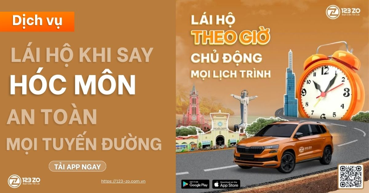 Quảng cáo dịch vụ lái hộ khi say tại Hóc Môn, với hình ảnh chiếc xe SUV, đồng hồ báo thức lớn, và các địa danh nổi tiếng của Sài Gòn.