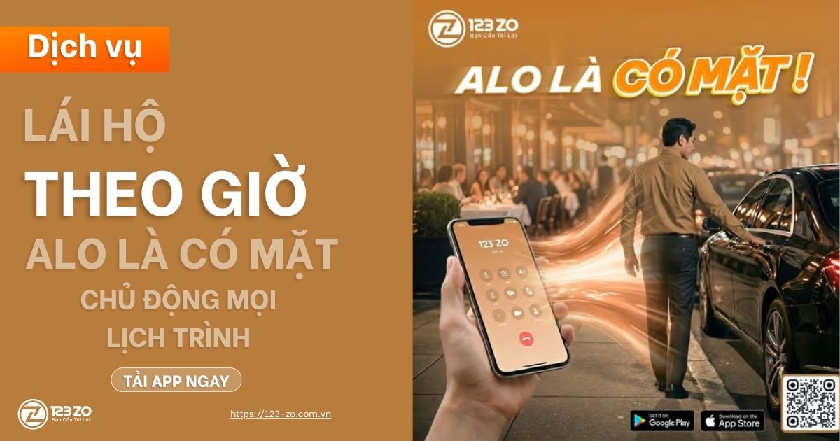 Quảng cáo dịch vụ Lái Hộ Theo Giờ với dòng chữ "ALO LÀ CÓ MẶT!" và hình ảnh người đàn ông gọi điện bên cạnh xe hơi.