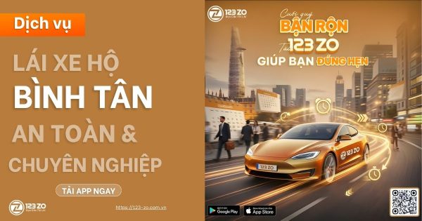 Hình ảnh một chiếc ô tô thể thao màu vàng lấp lánh, kèm theo quảng cáo dịch vụ lái xe hộ tại Bình Tân, nhấn mạnh tính An toàn & Chuyên nghiệp và giúp Đúng hẹn.