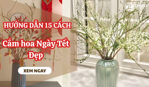 "Hướng dẫn 15 cách cắm hoa ngày Tết Đẹp" với cành đào và cành mận/tuyết mai.
